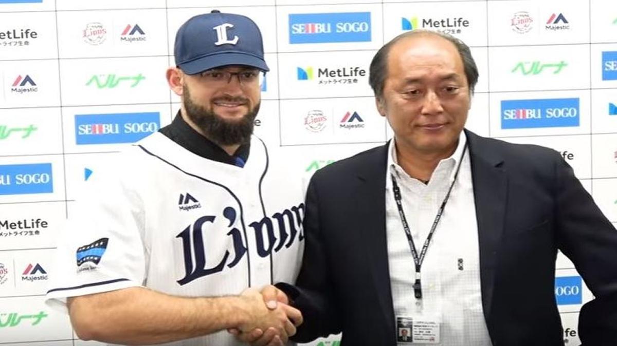 A screengrab of Borah High graduate Stephen Fife’s introductory press conference with Japan’s Seibu Lions on Tuesday.