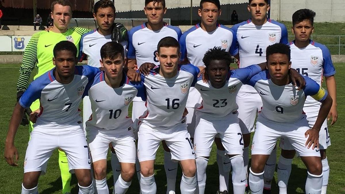 Former Boise resident Ander Egiluz, front row, center, poses as he makes his U.S. national team debut Tuesday for the U-19s at the Slovakia Cup.