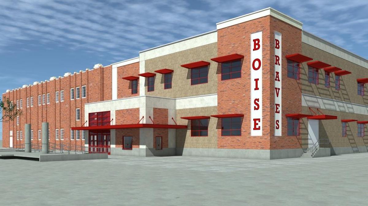 An artist’s rendering of the northwest corner of the renovated gym (left) and performance arts center (right) at Boise High. The gym will keep its historic brick facade.