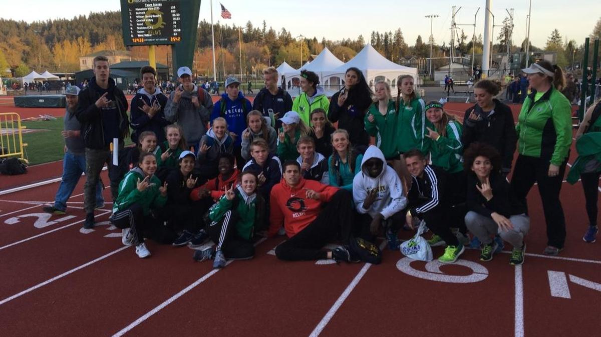 The Mountain View High track and field team celebrates its win Saturday at the Oregon Relays in Eugene, Ore.