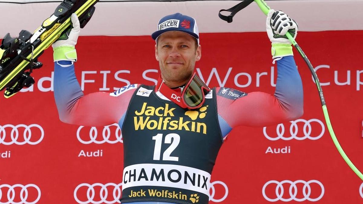 American skier Steven Nyman celebrates on the podium of a men’s downhill race in Chamonix, France on Saturday, Feb. 20, 2016. The three-time Olympian is scheduled to race in the combined and super G in Sun Valley.
