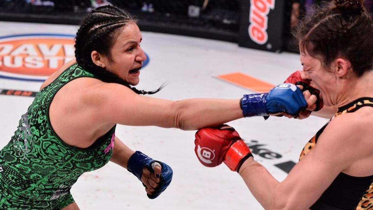 Boise’s Veta Arteaga, left, scored a third-round technical knockout of Brooke Mayo at Bellator 172 in February of 2017. Arteaga trains at Combat Fitness in Boise.