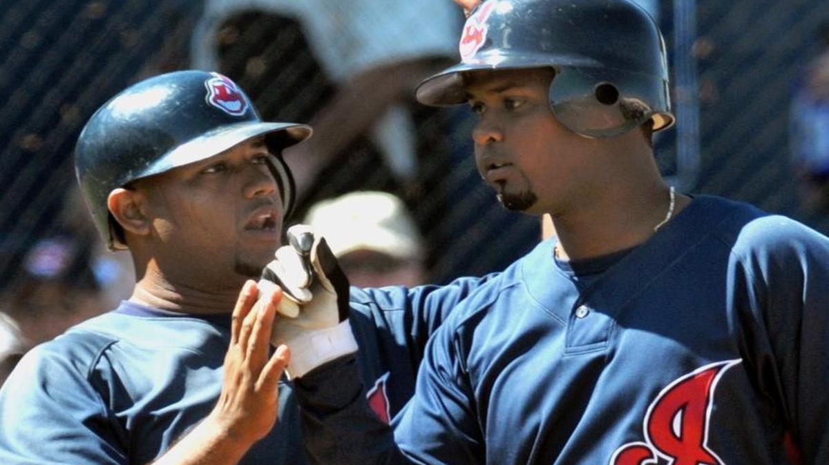 The Cleveland Indians’ Andy Gonzalez, right, is congratulated by teammate Andy Marte after hitting a three-run home run during the second inning of a spring training game against the Philadelphia Phillies on March 8, 2008, in Winter Haven, Fla.