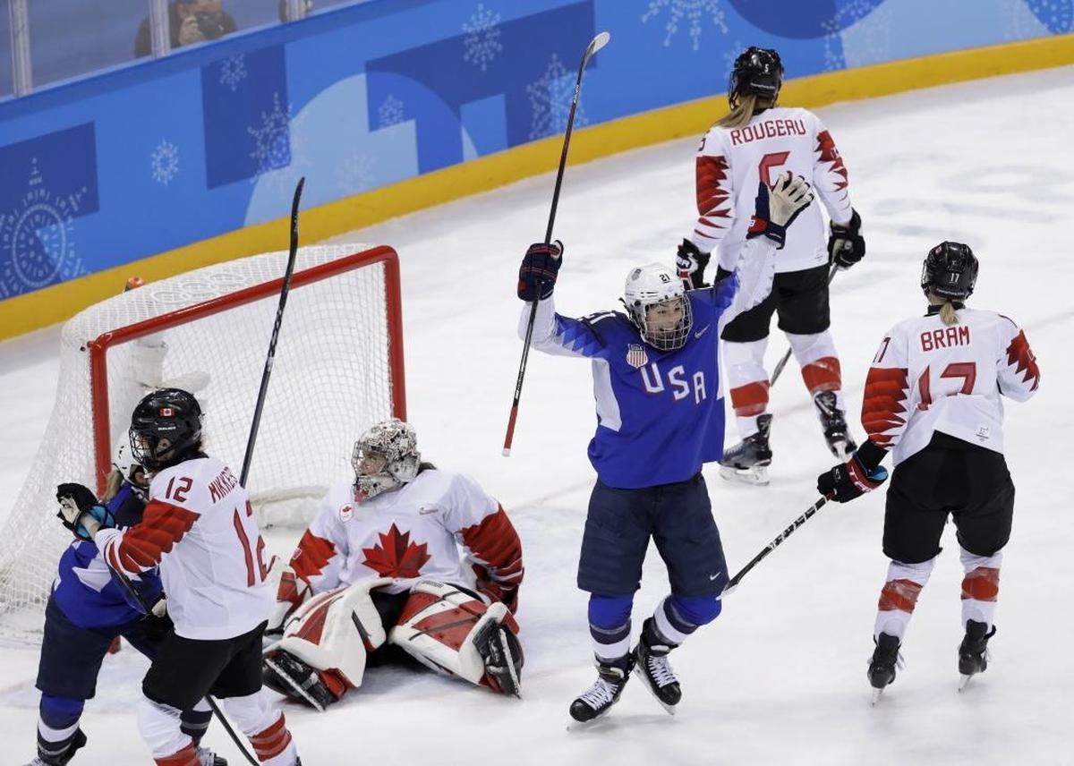 Idaho resident Hilary Knight celebrates after a goal against Canada during the first period of the women’s gold-medal game at the 2018 Winter Olympics in South Korea.