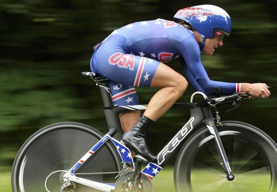 In this Aug. 1, 2012, file photo, cyclist Kristin Armstrong of the United States competes in the women’s cycling individual time trial at the 2012 Summer Olympics in London.