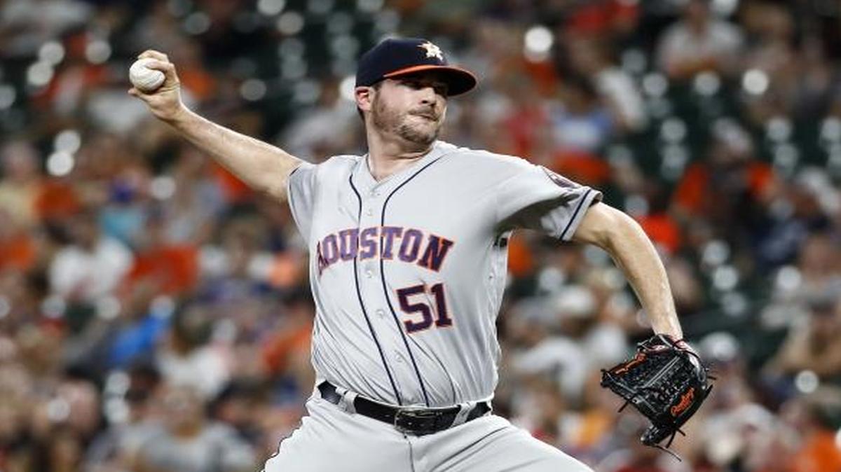 Houston Astros relief pitcher James Hoyt throws to the Baltimore Orioles in the ninth inning of their game July 21 in Baltimore.