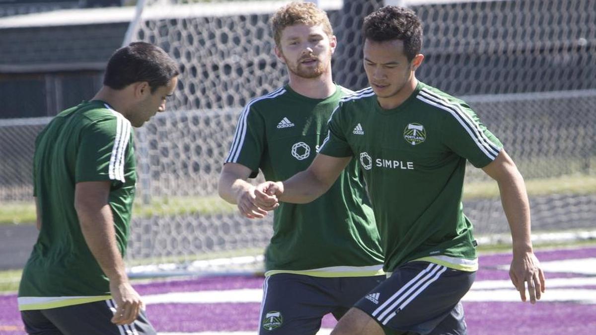 Portland Timbers 2’s Brent Richards, right, go through drills with teammates Seth Casiple, left, and Michael Gallagher, center during practice at Rocky Mountain High School in advance of Saturday’s United Soccer League match against the Swope Park Rangers.