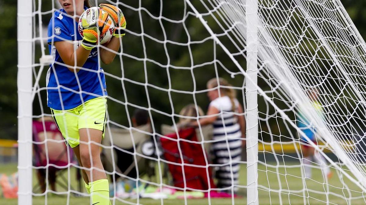 Boise Nationals U-13 girls goalkeeper Allyson Hopkins defends the goal with a save in the semifinals of the Idaho State Cup soccer tournament Sunday at Simplot Sports Complex. However, Idaho Rush Premier scored two goals in the second half to advance to Monday’s championship.