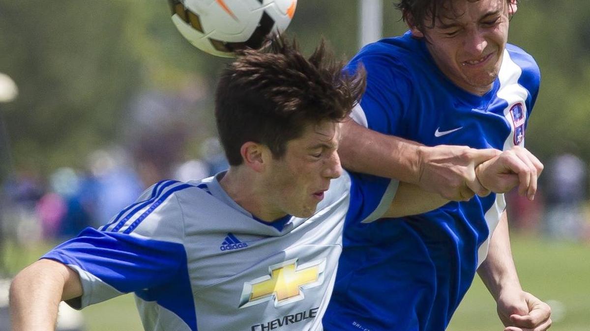 Boise Nationals’ Quentin Anderson, right, and John Spurling of Idaho Rush Premier fight for a header during the U19 boys championship game Monday May 30, 2016. Boise Nationals Milan defeated Idaho Rush Premier 4-2 for the Idaho State Cup at Simplot Sports Complex in Boise.