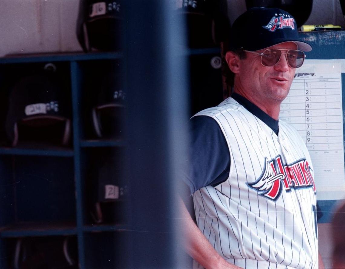 Former Boise Hawks manager Tom Kotchman laughs with his team before a 1999 game against the Portland Rockies at Memorial Stadium.