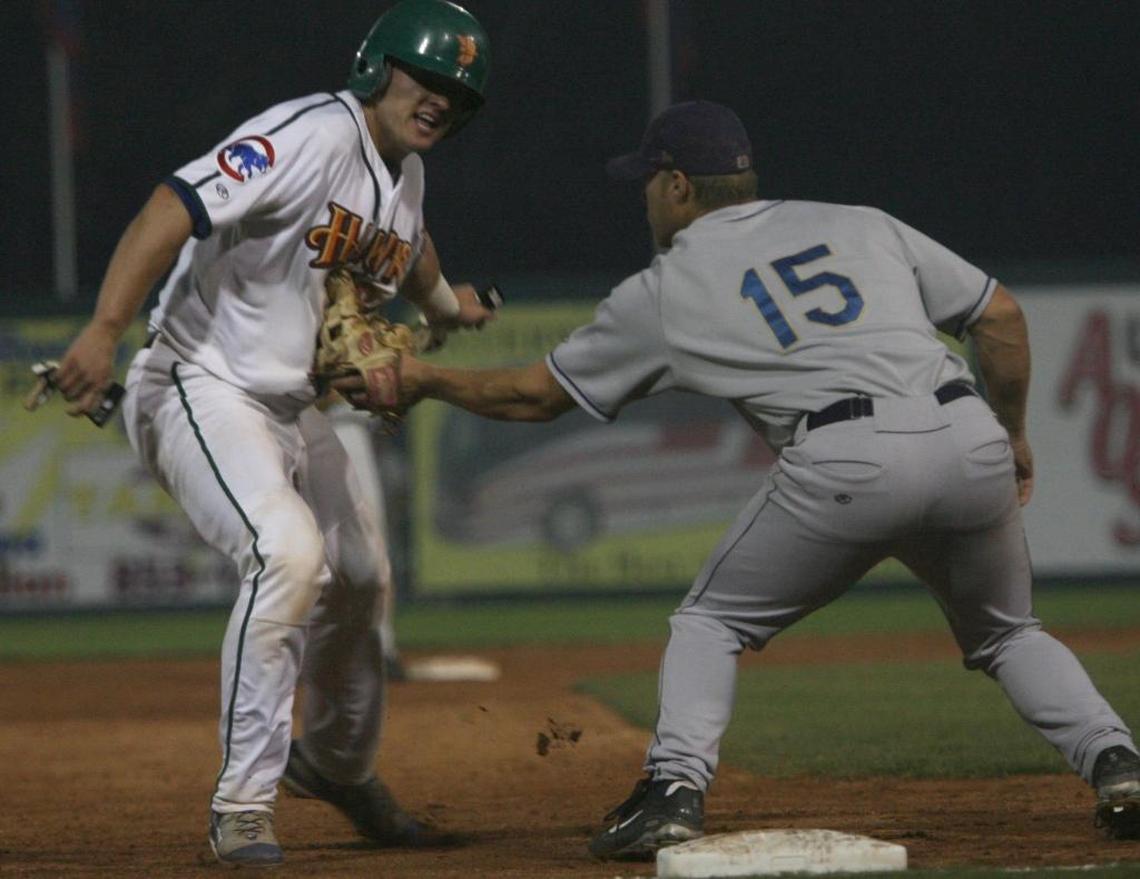 Josh Donaldson tries to avoid a tag while stealing third base in the final regular season game of the Boise Hawks’ 2007 season.