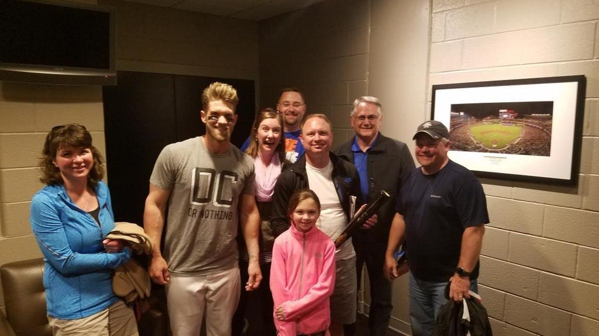 From left to right, Misty Martin of Lewiston, Bryce Harper of the Washington Nationals, Emily Koleno of Boise, Clint Paskewitz of Boise, Jay Martin of Lewiston, Bob Ricketts of Meridian, Randy Pipal of Meridian and Lauren Martin of Lewiston (in pink).